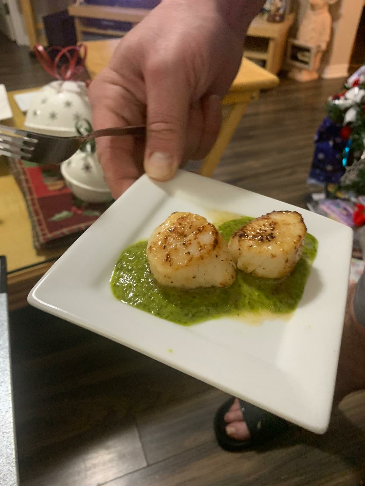 Two seared scallops on a bright green herb purée, on a square white plate held in someone's hand