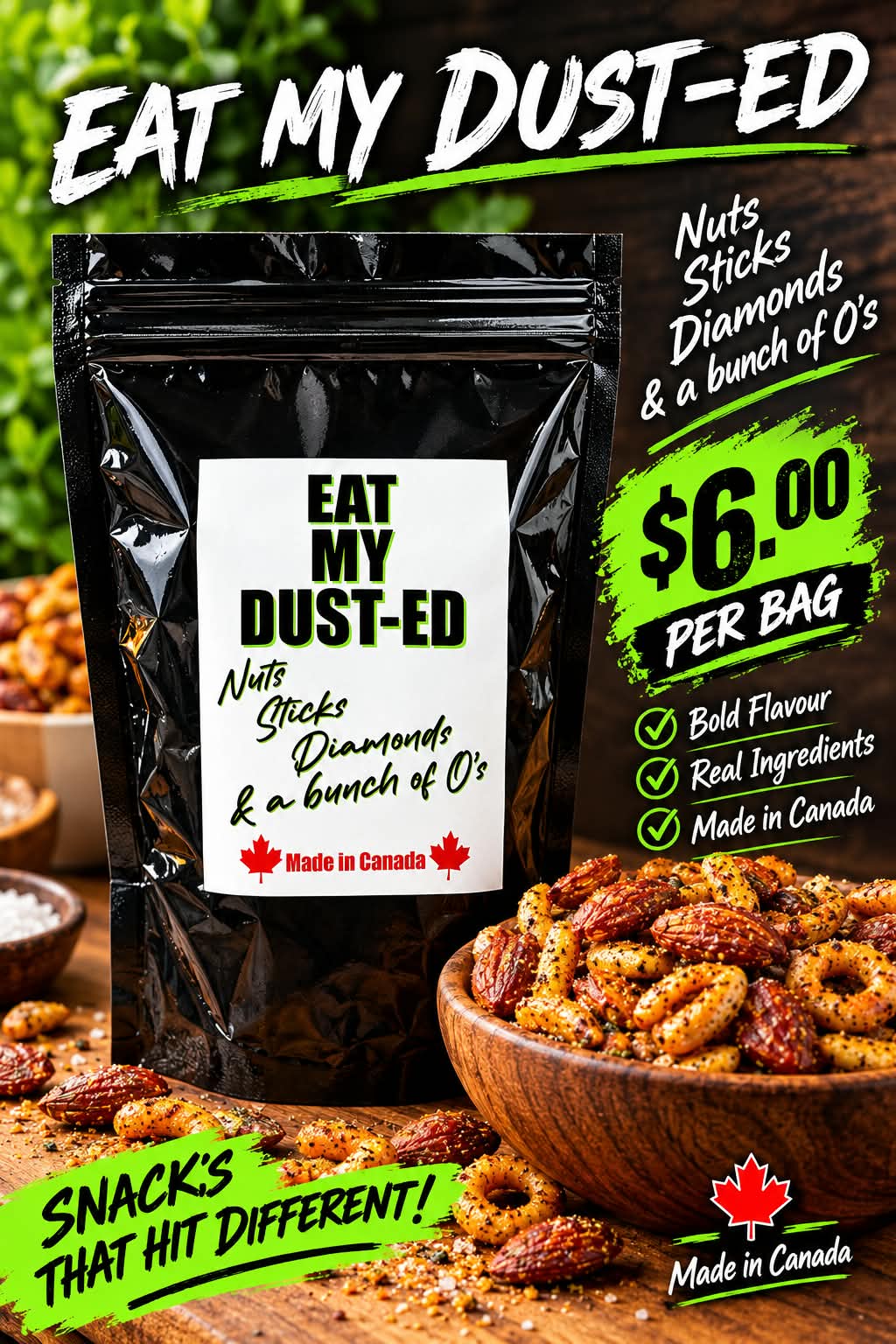 Eat My Dust-ED snack mix — seasoned nuts, sticks and cereal O's